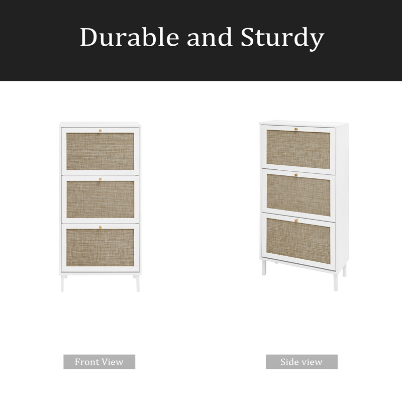 Rattan 3 Door Shoe Rack, Freestanding Modern Shoe Storage Cabinet, For Entryway, White
