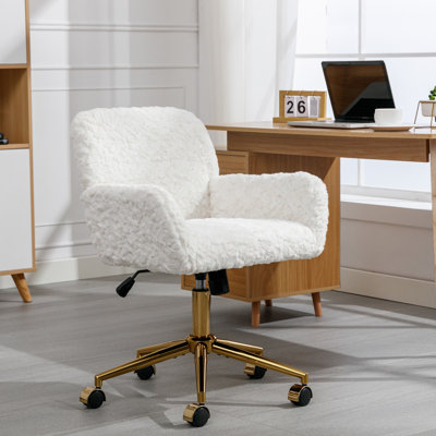 Chaise de bureau Furniture Furniture, chaise de bureau à domicile en poils de lapin artificiels avec base en métal doré, chaise de bureau pivotante réglable, chaise de coiffeuse