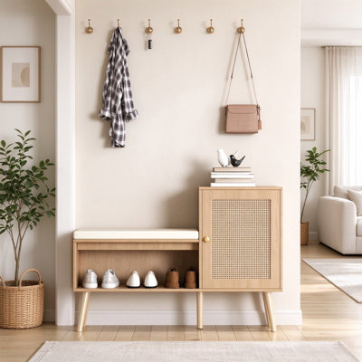 Rattan Shoe Storage Bench with Cushioned Seat & Side Cabinet, Wooden Entryway Shoe Organizer, Shoe Bench with Hidden Storage for Hallway, Foyer, Entrance
