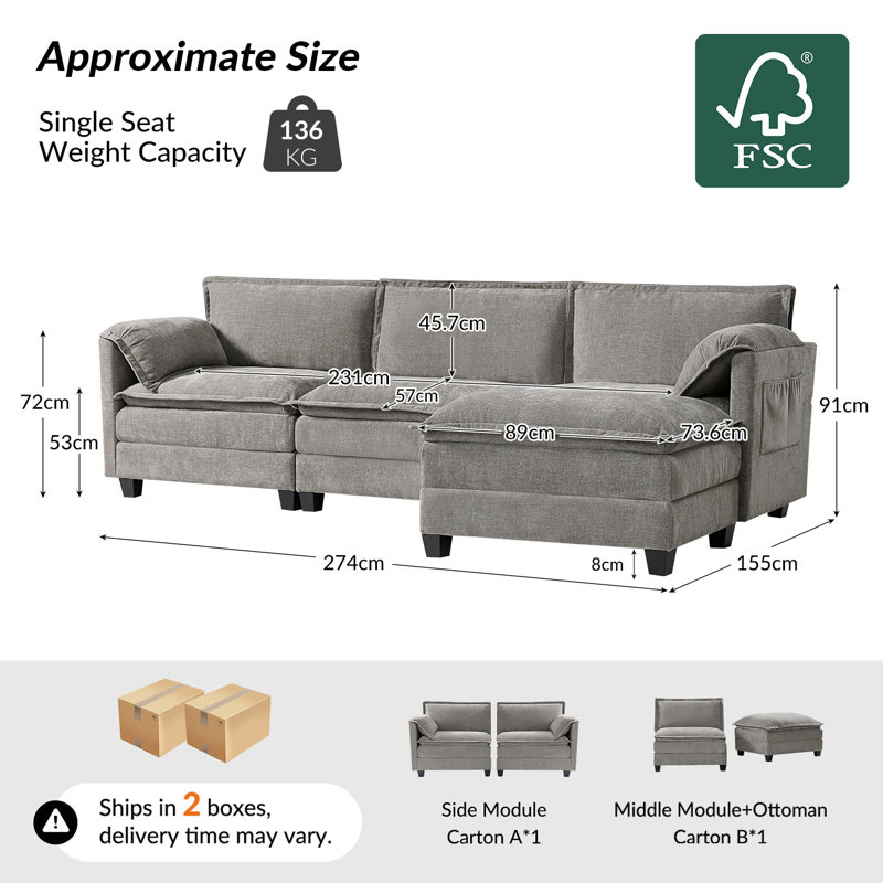 Esteban Modern 4 Seater Sofa with Elephant Ear-Shaped Armrests, Light Grey