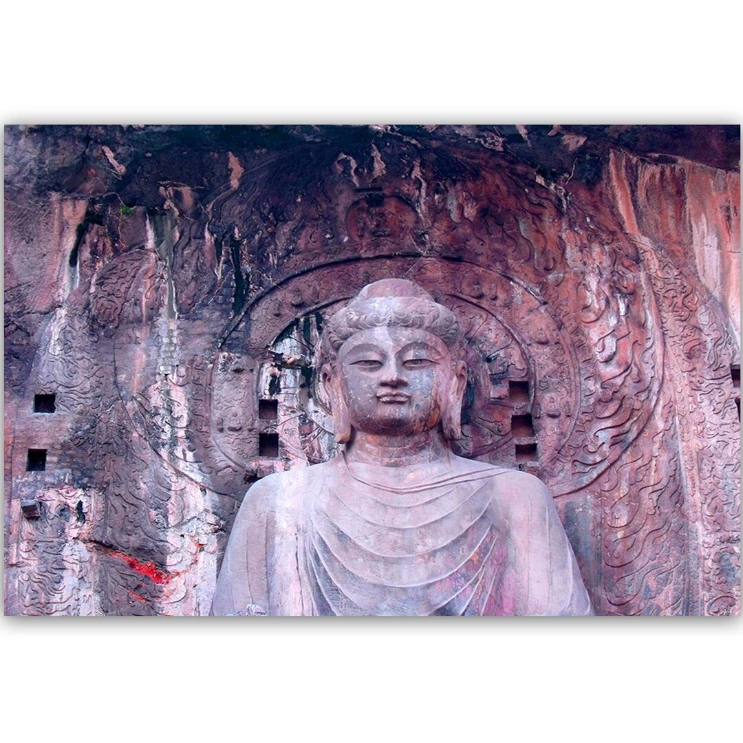 Leinwandbild Buddha vor der Tempelwand 1