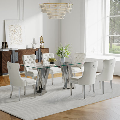 7-Piece Modern Dining Set – 70" Glass Dining Table With Stainless Steel Base & 6 Velvet Dining Chairs