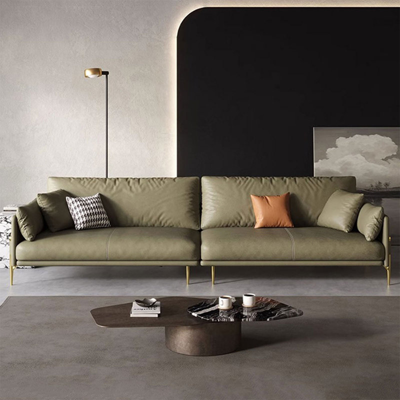 Canapé modulaire vert en cuir véritable, 32.28" H x 109.45" W x 37.4" D