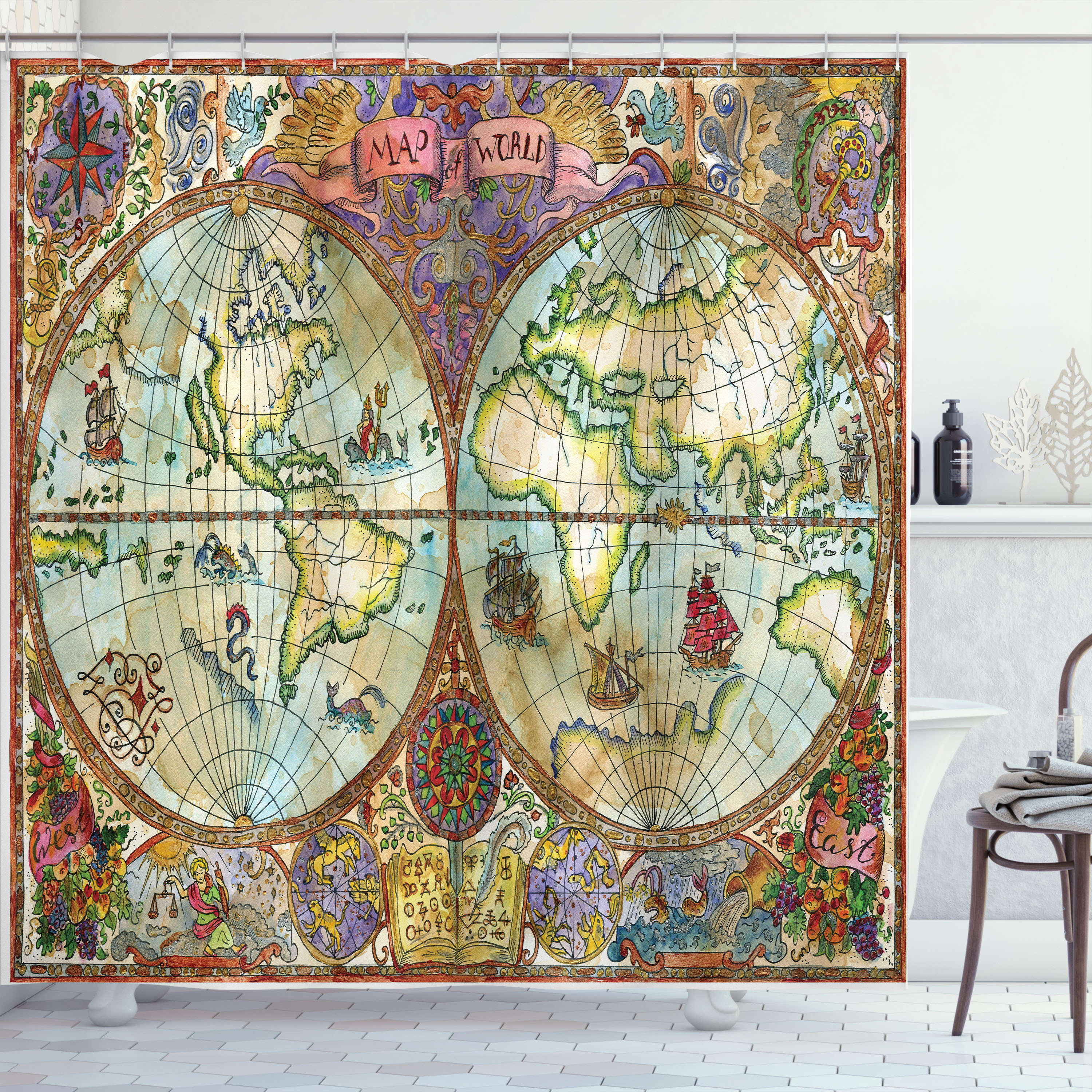 East Urban Home Watercolor Shower Curtain Vintage World Map Multicolor ...