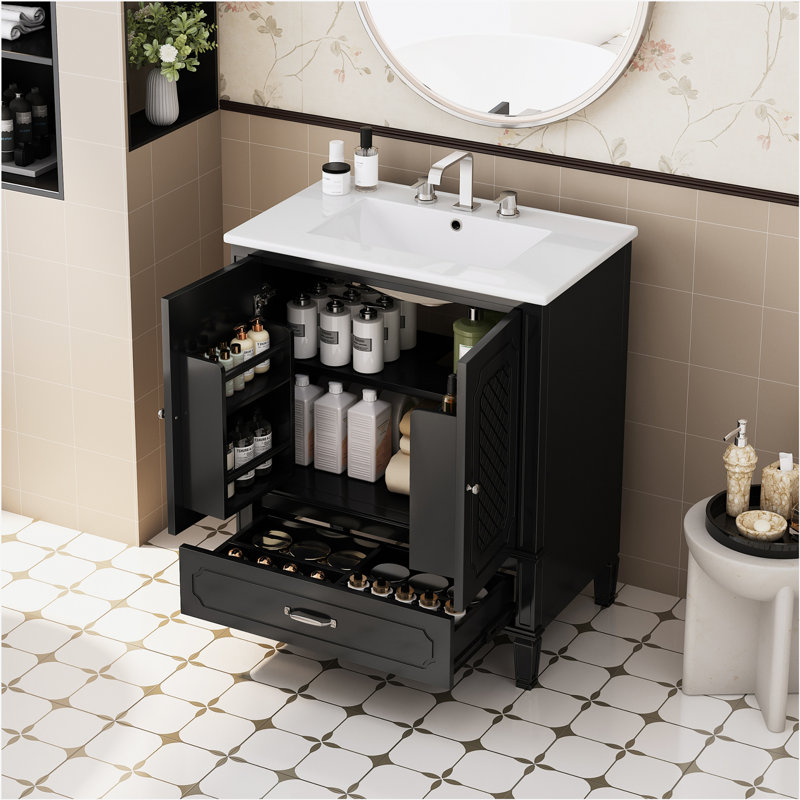 30" Bathroom Vanity with Sink Vintage Style, Multi-functional Storage Space, Door Shelf, Soft-closing Door, Black, Noir