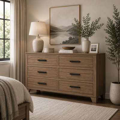 Commode large Pize, 6 tiroirs, poignées linéaires en métal noir, brun noyer