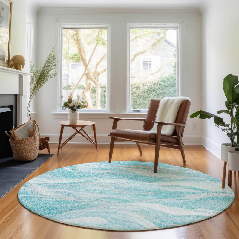 Premium Machine Washable Prisco Teal Rug, Round 8'
