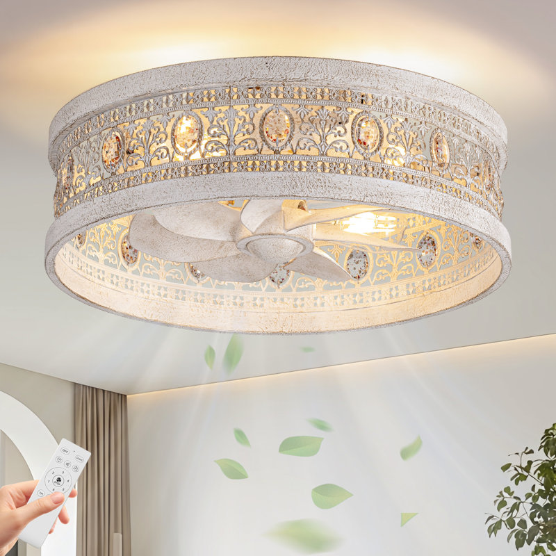 French Country Shabby Chic Crystal Fandelier, Cottage Flush Mount Ceiling Fan with Lights and Remote, Decorative Enclosed Fan for Girls Room, Nursery, Small Bedrooms