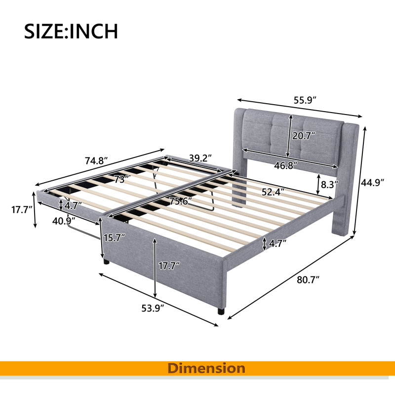 Lit plateforme double tapissier, Gris