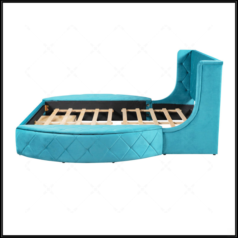 Lit plateforme tapissier grand avec rangement en velours avec tête de lit à oreilles et 1 grand tiroir, Bleu