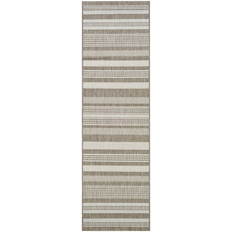 Tapis rayé intérieur / extérieur Sania, Champagne ivoire / taupe, Tapis de couloir 2 pi 3 po x 11 pi 9 po