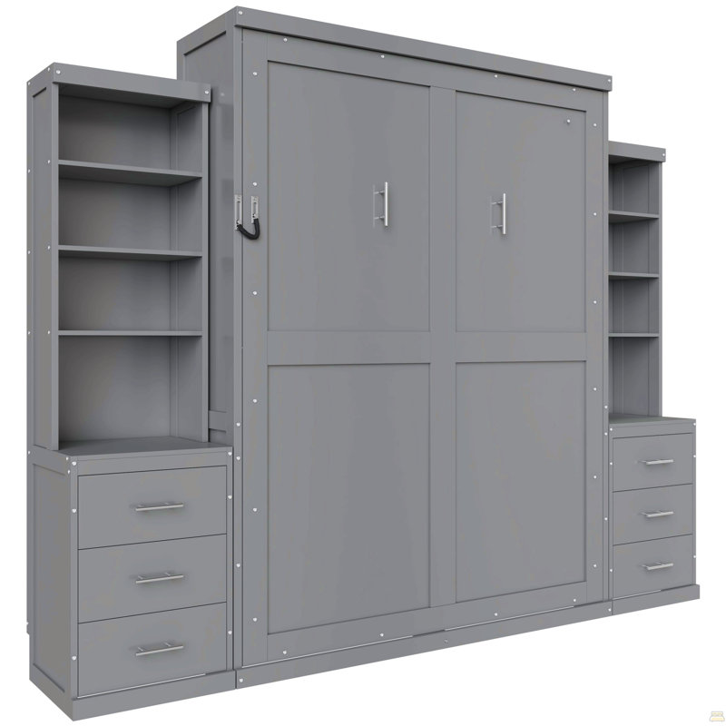 Grand lit escamotable avec tablettes de rangement et tiroirs, Grey
