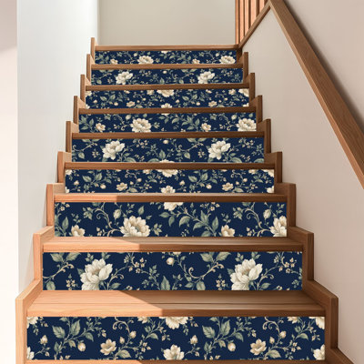 Papier peint auto-adhésif à motif de fleurs crème rétro élégantes bleu foncé auto-adhésif et amovible 17,7 po x 118 po (45 x 300 cm)