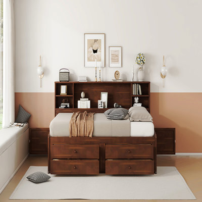 Full Size Wooden Captain Bed With Built-In Storage Shelves, 4 Drawers And 2 Cabinets