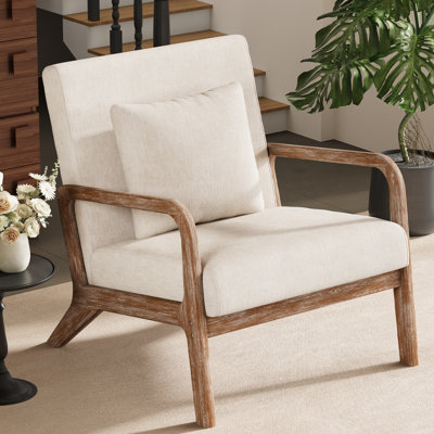 Upholstered Solid Wood Accent Chair Armchair With An Extra Pillow, Beige Arms, Beige