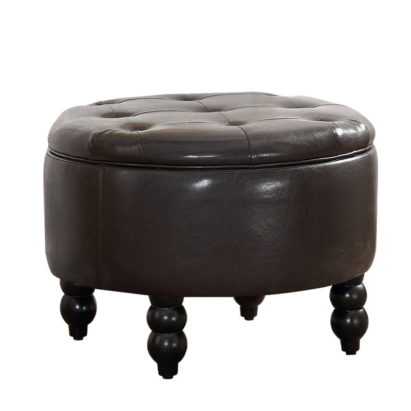 24'' Wide Upholstered Round Storage Ottoman, Dark Brown Faux Leather