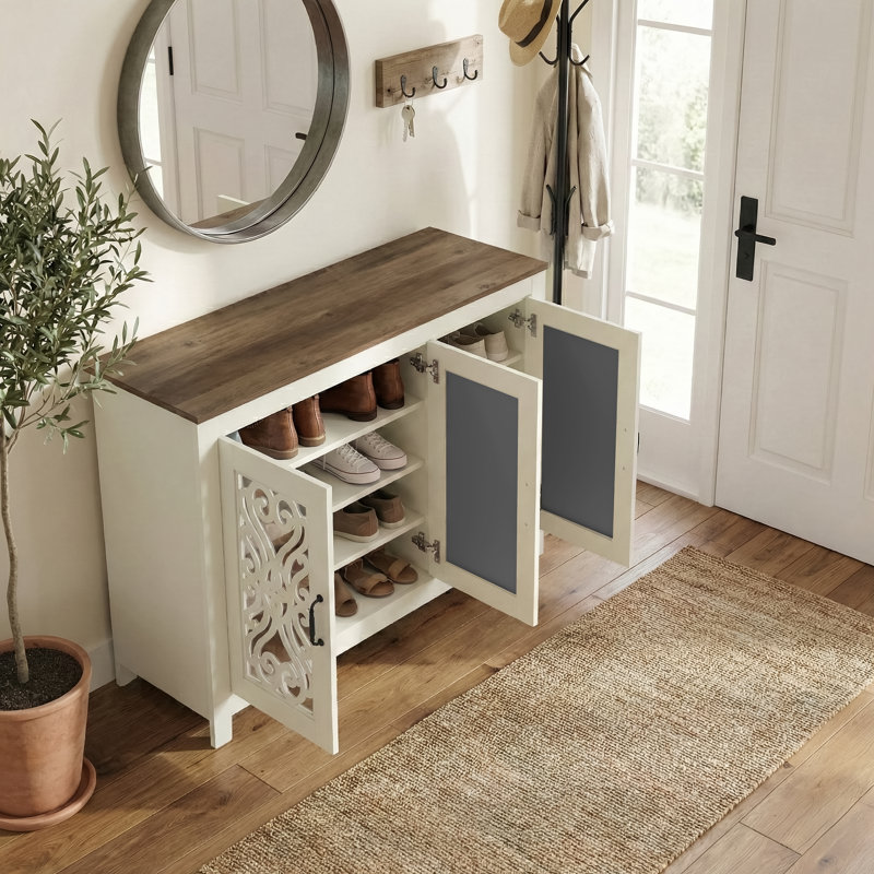 Ariba 16 Pair Shoe Storage Cabinet, Ivory/Brown