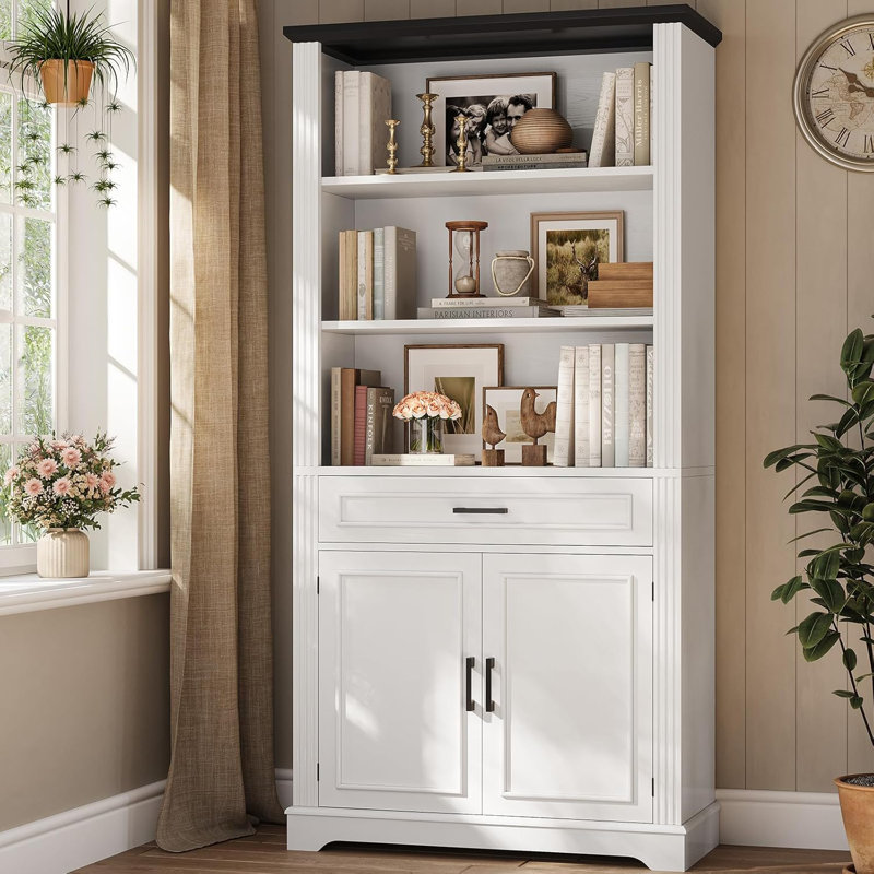 70 In Tall Bookshelf Farmhouse Bookcases With Doors And Drawer 6 Shelf Display Storage, White/Black