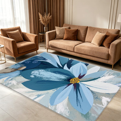 Tapis à motif aquarelle floral bleu pour le salon, doux et confortable, convient à toutes les saisons, facile à entretenir, tapis d'intérieur lavable à la machine, sous la table de ferme convenant à la chambre à coucher, à la salle à manger, au bureau, au balcon, au patio