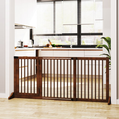 Barrière réglable pour animaux - Clôture pour chien autoportante en bois. 3 panneaux, barrière sécurisée, verrouillable. Brun. 44,5 po - L 63,91 po x H 14,22 po. Pour verrou régulé, barrière. Convient aux zones contrôlées