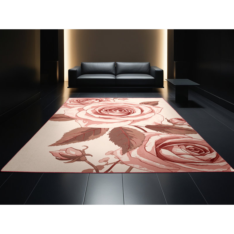 Soft Plush Etzel Valentines Modern & Contemporary Abstract Area Rug in Beige – Rose Binding, 7x10