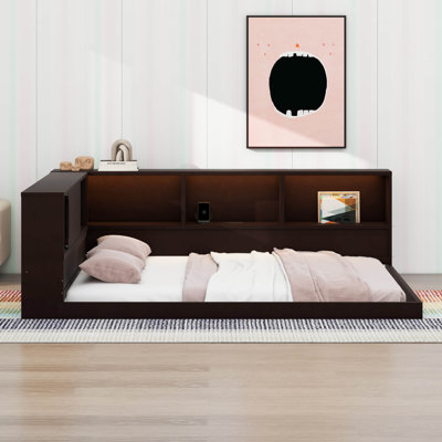 Lit de jour en L avec tablettes et lumière DEL, grand lit en bois avec ports USB