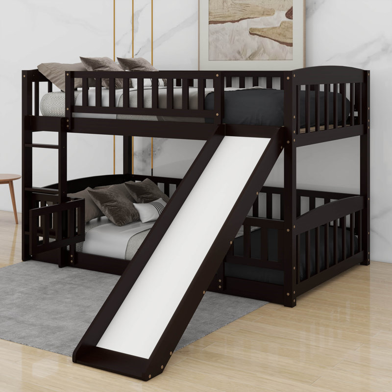 Lit superposé simple au-dessus de simple avec clôture, échelle et glissoire pour enfants adolescents, Espresso