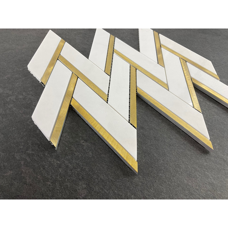 Thassos White and Gold Metal Large Herringbone / Chevron Mosaic Floor Tile