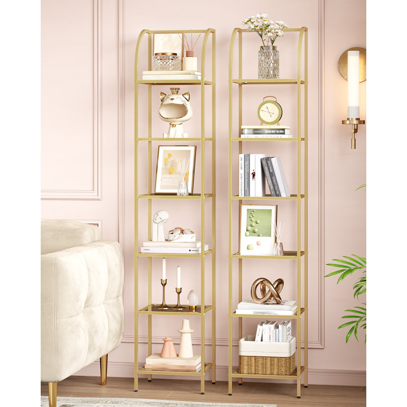 Bookcase Bookshelf, Tempered Glass Arched Bookshelf for More Storage, Slim Shelving Unit for Bedroom, Bathroom, Home Office, Steel Frame, 6 Tier Gold