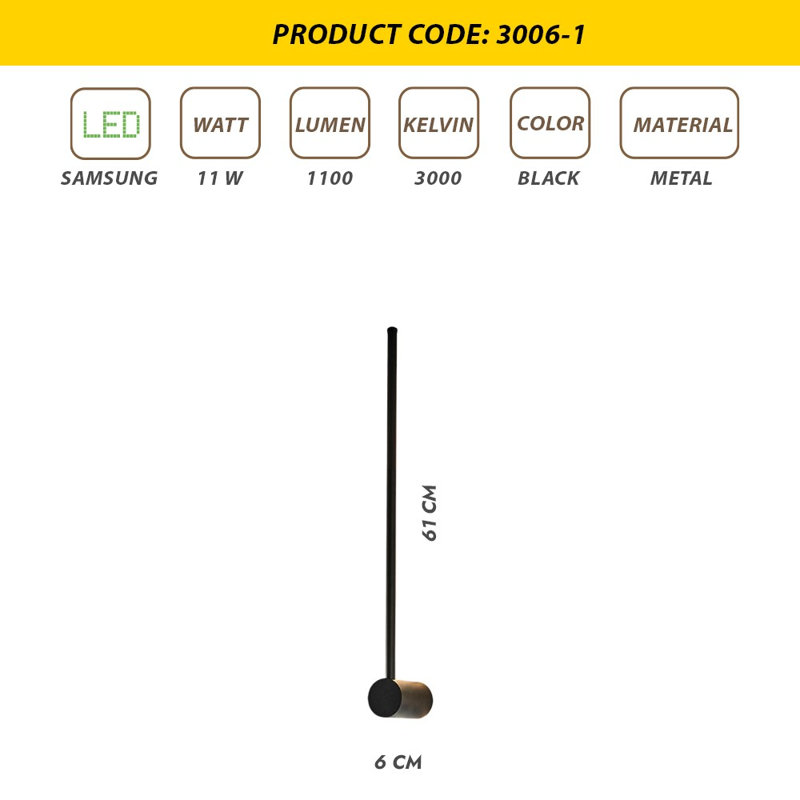 Éclairage à DEL en métal, H 3,9 po x l 2,4 po x P 24 po, Noir
