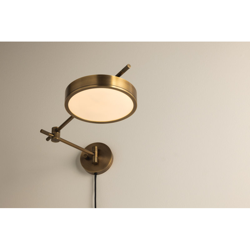 Patina Brass Swing Arm Plug-In Wall Sconce with White Linen Shade