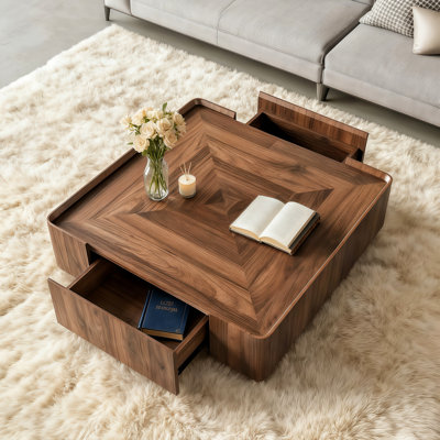 Farmhouse Rustic Walnut Square Coffee Table with 2 Drawers for Living Room Small Space Office Apartment