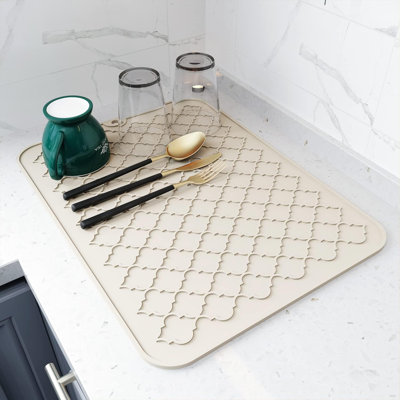 Dish Drying Mat - Kitchen Counter Silicone Dish Drying Pad - Heat Resistant Mat (12" X 16, BEIGE)