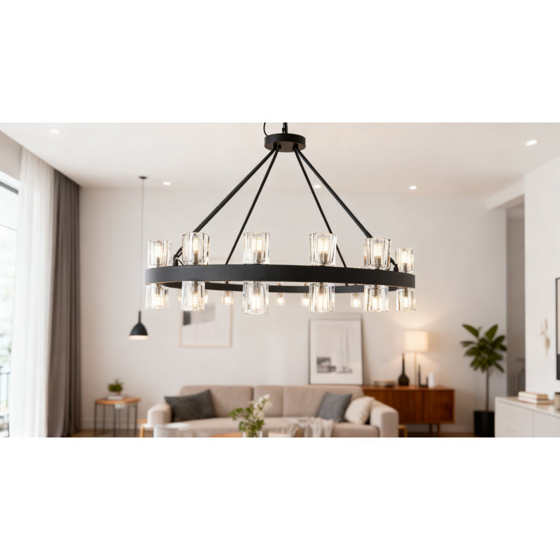 Lustre moderne en roue de chariot de style campagne moderne avec abat-jour en cristal, plafonnier noir à 60 lumières pour la cuisine de la salle à manger