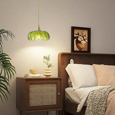 1-Light E26 Base Polished Brass Metal and Glass Dome Flower Pendant Light, Adjustable Height, Dimmable, ETL Listed