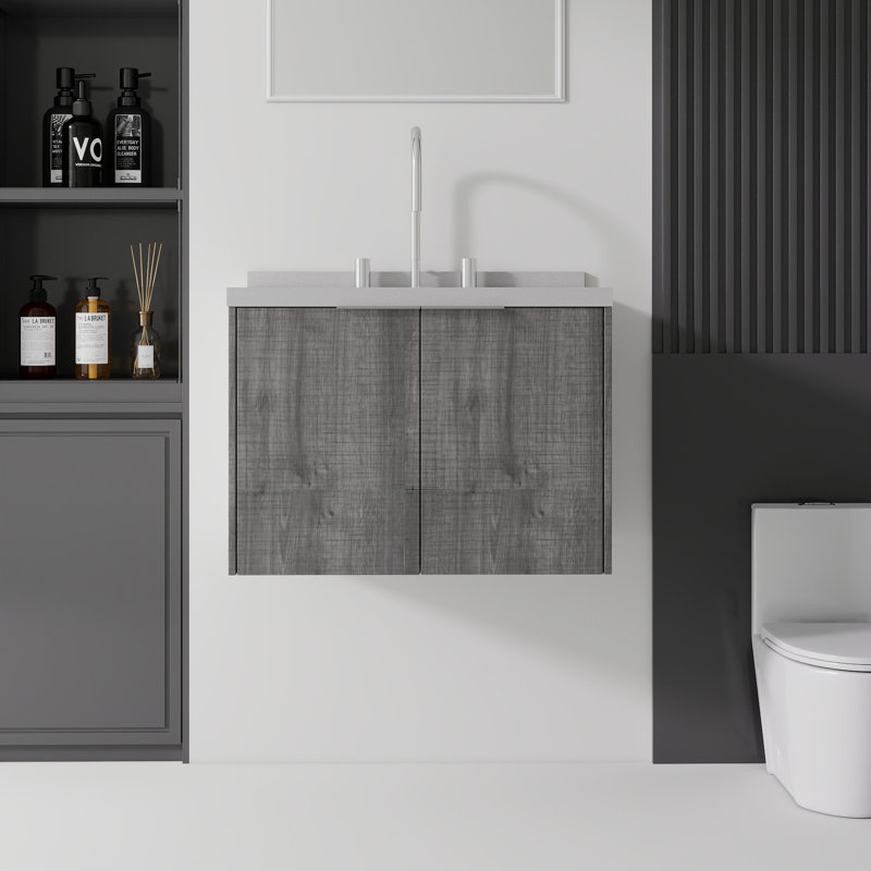 Meuble-lavabo flottant, avec lavabo, avec porte à fermeture en douceur, plateau en granite, contreplaqué, Light Grey, 24" W