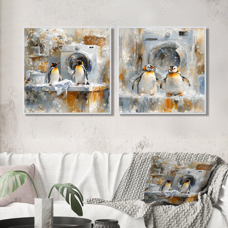 «Cute Penguin Laundry Day I», art mural - ensemble d'art moderne 2 pièces, H 36 po x l 73 po, Impression encadrée flottante