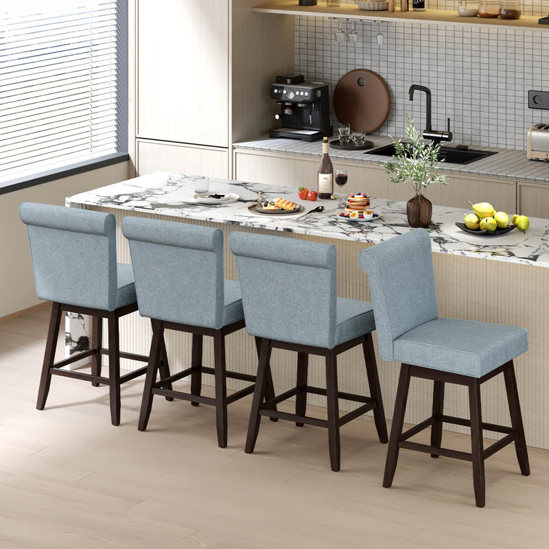 27" Swivel Bar Stools With Rubber Wood Legs Upholstered Linen Bar Chairs, 2, Gray Seat/Black Frame