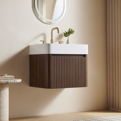 Meuble-lavabo LORAN 24 avec lavabo intégré, meuble de rangement suspendu, lavabo intégré en surface solide blanche brillante avec 3 trous pré-percés pour robinetterie, démonté, robinetterie et bonde non inclus, couleur noyer.