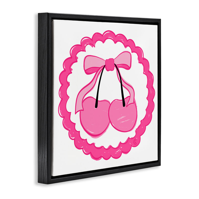 Art mural sur toile "Pink Cherries & Bow Floater" par Carrie Cantwell, Cadre flottant noir de jais, H 18 po x l 18 po