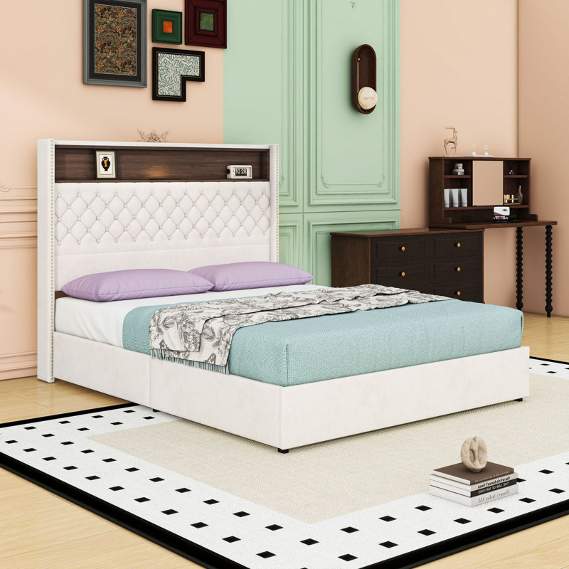 Lit plateforme tapissier avec port USB et tête de lit haute, Beige, Grand