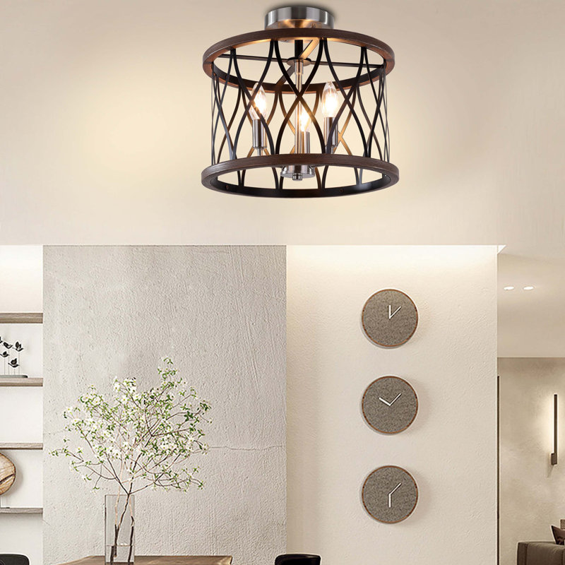 Plafonnier semi-encastré cylindrique 3 lumières l 13,75 po noir, nickel brossé et grain de bois