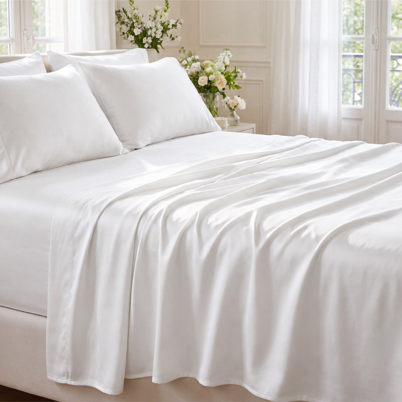 Ensemble de draps en lin Tencel Lyocell 100% LENZING Luxe, poche profonde de 15 po et refroidissement pour les dormeurs chauds, literie blanche luxueuse soyeuse et respirante, 4 draps