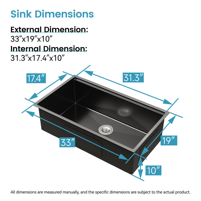 33X19 Undermount Sink In Black - Stainless Steel With Rounded Corners And Control Coating Handmade X-Shaped Water Diversion