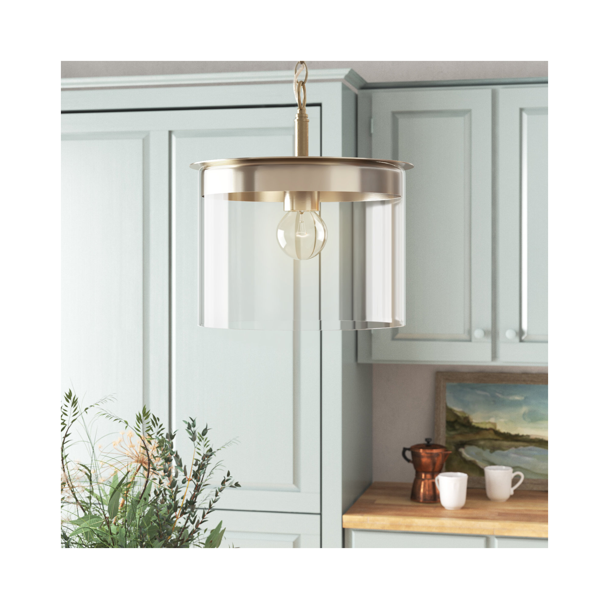 Elstone Single Light Glass Dimmable Pendant, Aged Brass