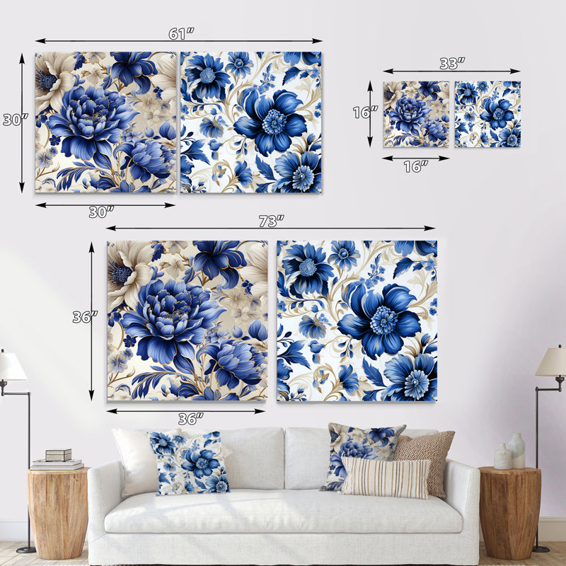 Cobalt Blue Victorian Intricacies Victorian Pattern - Floral Acrylic Wall Art Glass Set Of 2, 30" H x 61" W