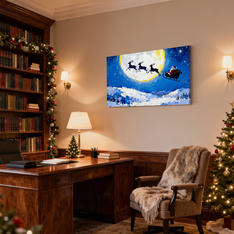 «Christmas Santa Flying With Reindeer Under Moonlight», ensemble de 3 reproductions d'art sur toile, H 12 po x l 18 po