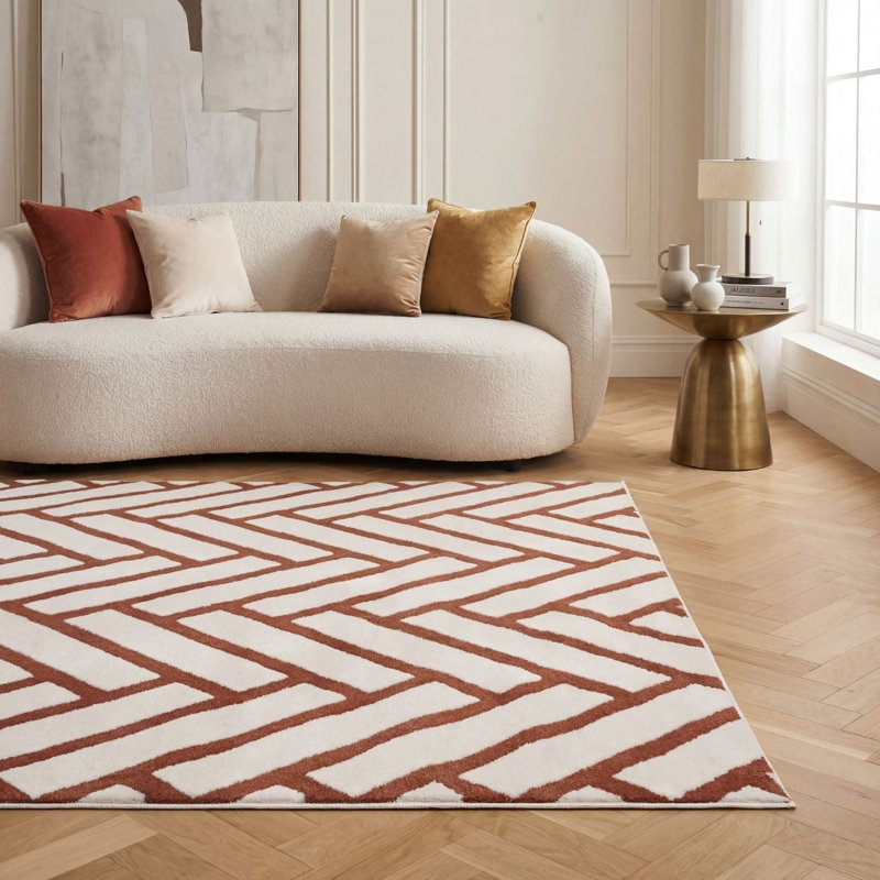 Loft Modern Chevron Living Room Area Rug and Runner Soft Pile, Rectangle 160 x 230 cm, Orange/Ivory