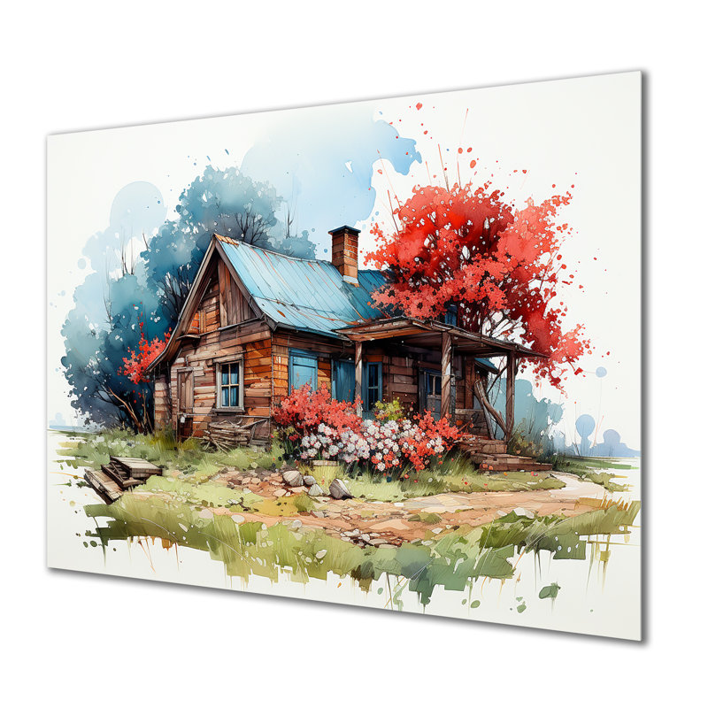 Maison de campagne avec arbre rouge aquarelle - art mural paysage, Métal métal, H 24 po x l 32 po x P 1 po