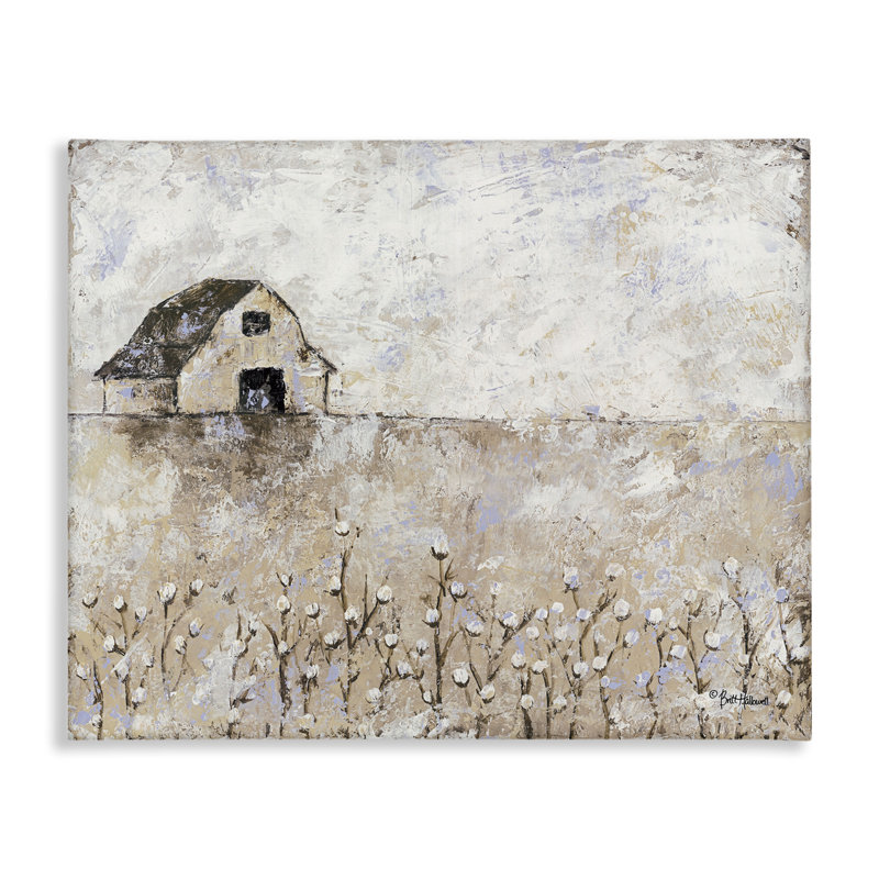 White and Beige Landscape Canvas Print with Barn and Cotton Fields